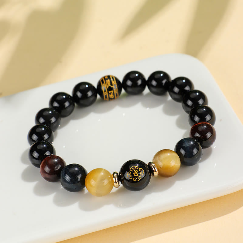 Wear FengShui Black Onyx Tiger Eye Om Mani Padme Hum Chinese Zodiac Natal Buddha Support Bracelet
