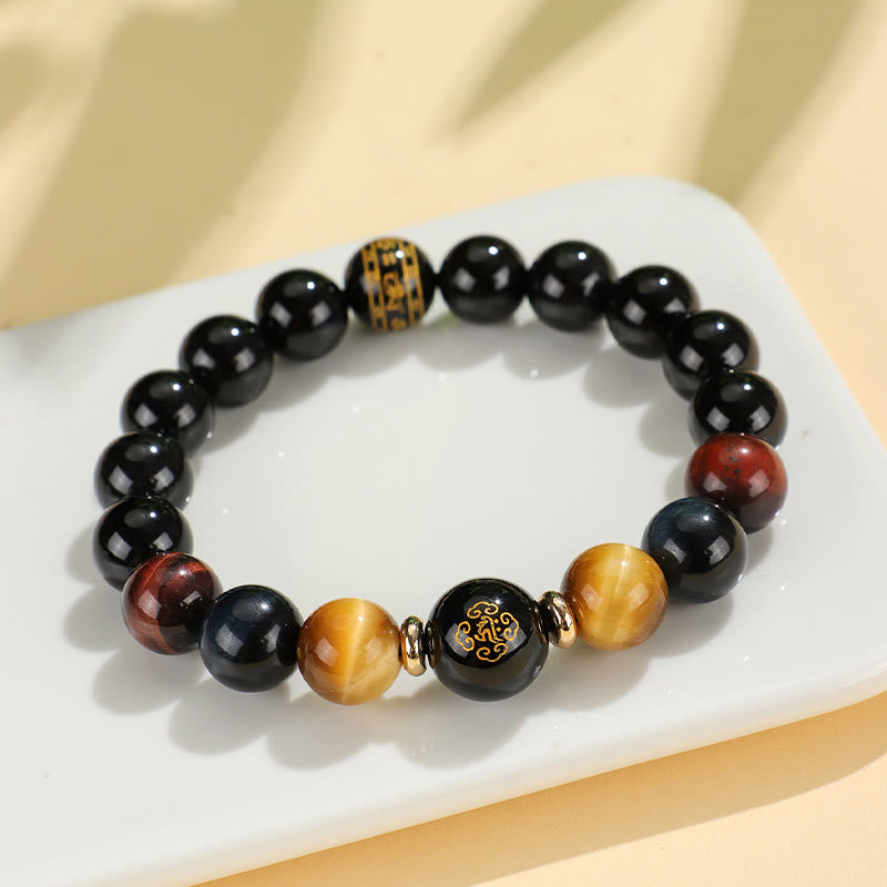 Wear FengShui Black Onyx Tiger Eye Om Mani Padme Hum Chinese Zodiac Natal Buddha Support Bracelet