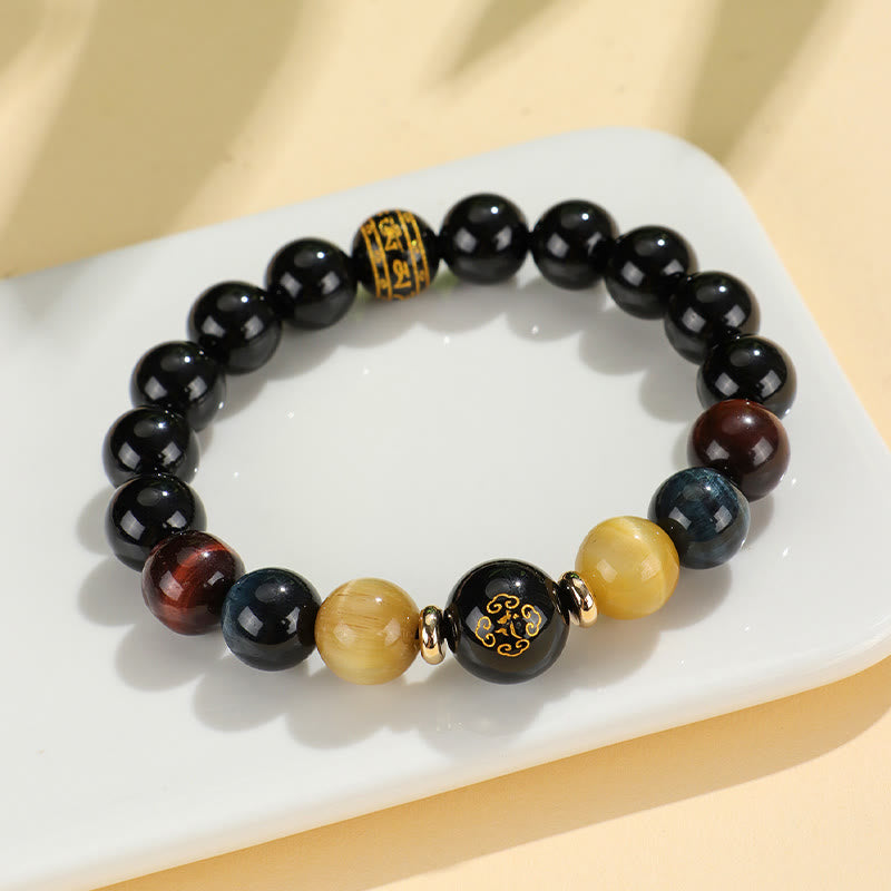 Wear FengShui Black Onyx Tiger Eye Om Mani Padme Hum Chinese Zodiac Natal Buddha Support Bracelet