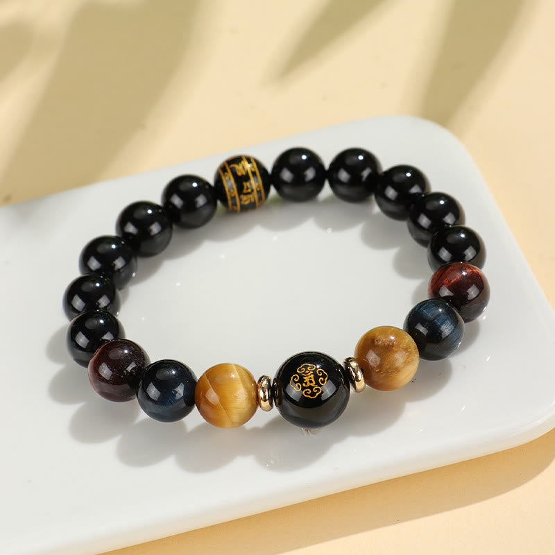 Wear FengShui Black Onyx Tiger Eye Om Mani Padme Hum Chinese Zodiac Natal Buddha Support Bracelet