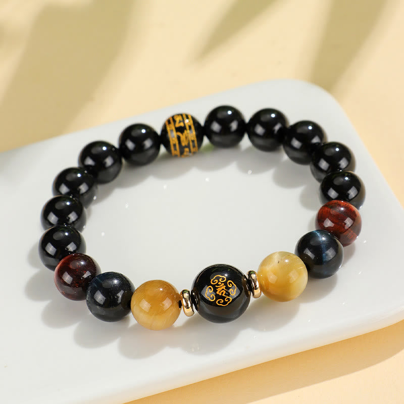 Wear FengShui Black Onyx Tiger Eye Om Mani Padme Hum Chinese Zodiac Natal Buddha Support Bracelet