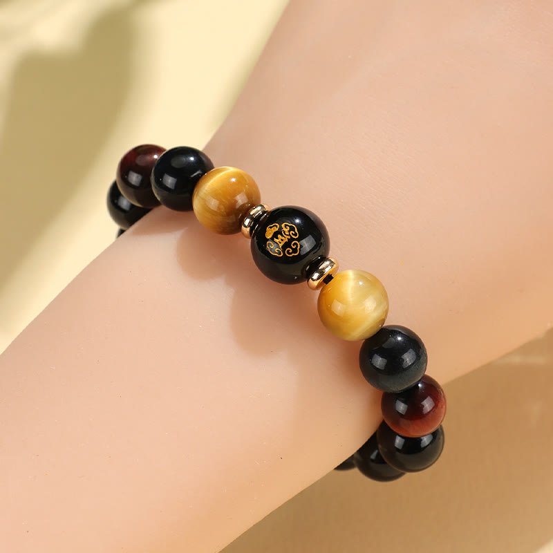 Wear FengShui Black Onyx Tiger Eye Om Mani Padme Hum Chinese Zodiac Natal Buddha Support Bracelet