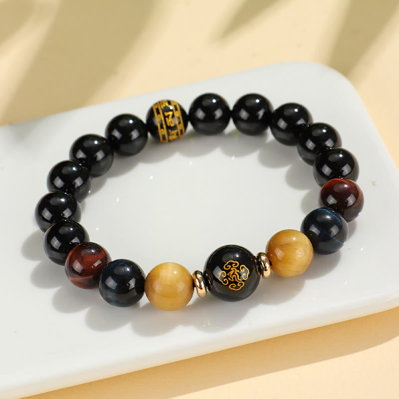 Wear FengShui Black Onyx Tiger Eye Om Mani Padme Hum Chinese Zodiac Natal Buddha Support Bracelet