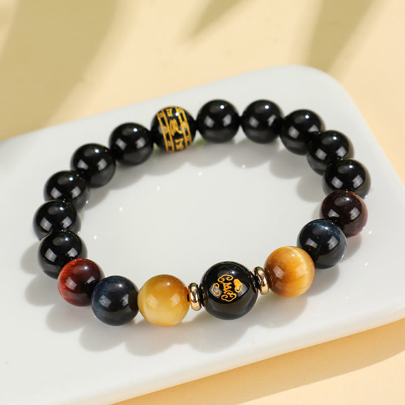Wear FengShui Black Onyx Tiger Eye Om Mani Padme Hum Chinese Zodiac Natal Buddha Support Bracelet