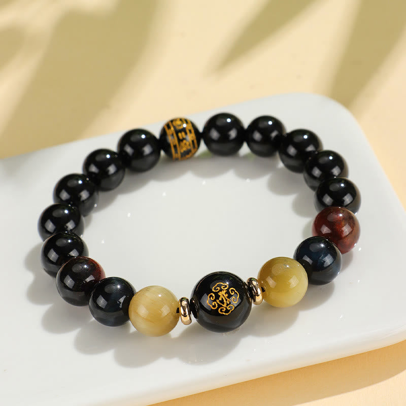 Wear FengShui Black Onyx Tiger Eye Om Mani Padme Hum Chinese Zodiac Natal Buddha Support Bracelet