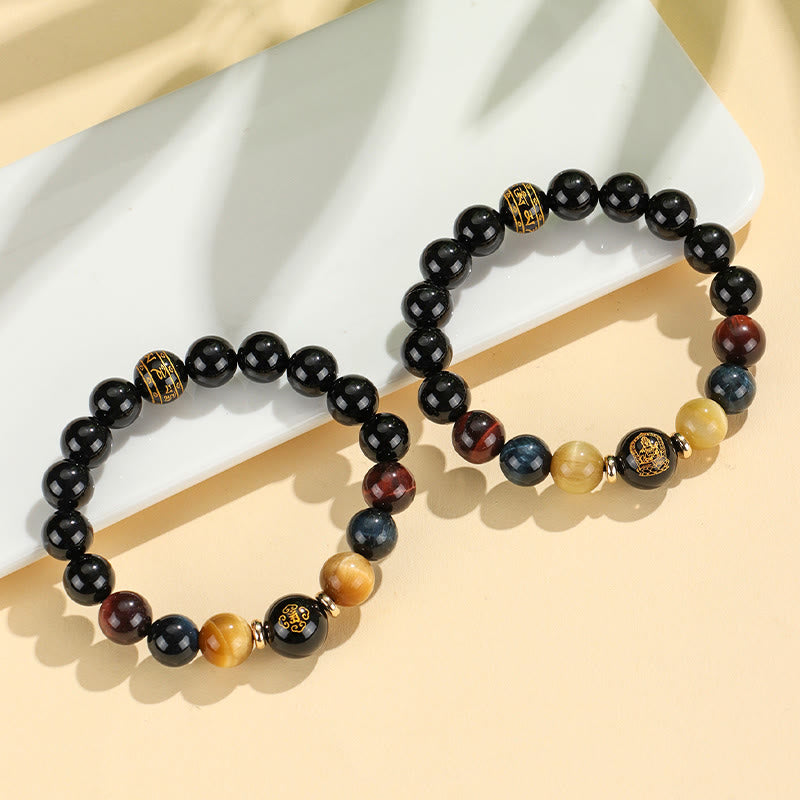 Wear FengShui Black Onyx Tiger Eye Om Mani Padme Hum Chinese Zodiac Natal Buddha Support Bracelet