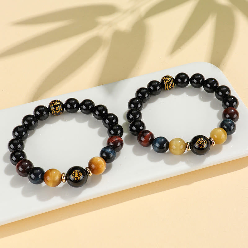Wear FengShui Black Onyx Tiger Eye Om Mani Padme Hum Chinese Zodiac Natal Buddha Support Bracelet