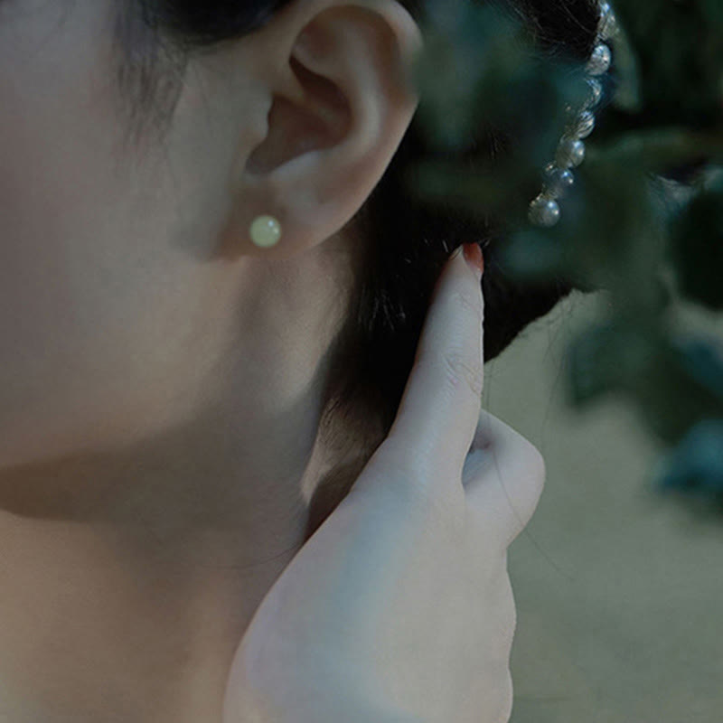 Wear FengShui Round Jade Beaded Luck Stud Earrings