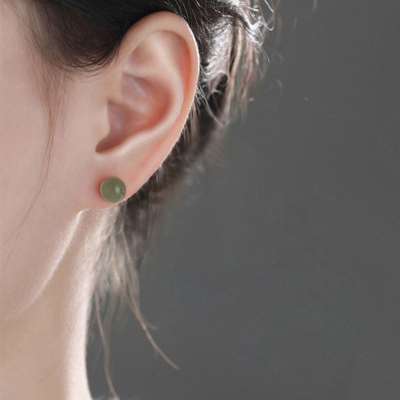 Wear FengShui Round Jade Beaded Luck Stud Earrings