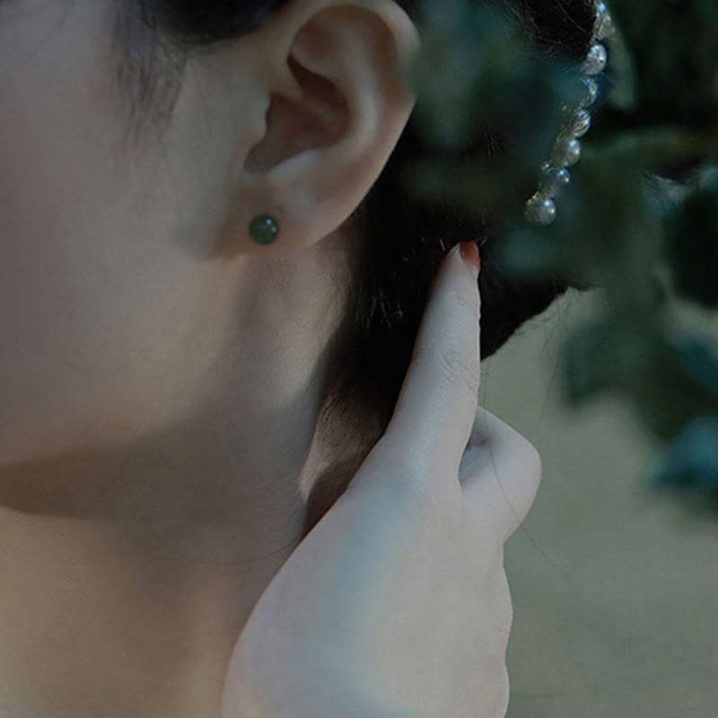 Wear FengShui Round Jade Beaded Luck Stud Earrings