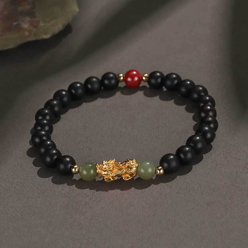 Wear FengShui 999 Sterling Silver Sandalwood Ebony Wood Small Leaf Red Sandalwood Hetian Jade Cinnabar PiXiu Wealth Bracelet