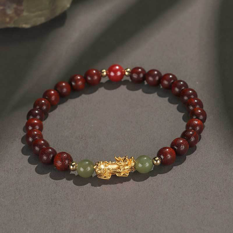 Wear FengShui 999 Sterling Silver Sandalwood Ebony Wood Small Leaf Red Sandalwood Hetian Jade Cinnabar PiXiu Wealth Bracelet