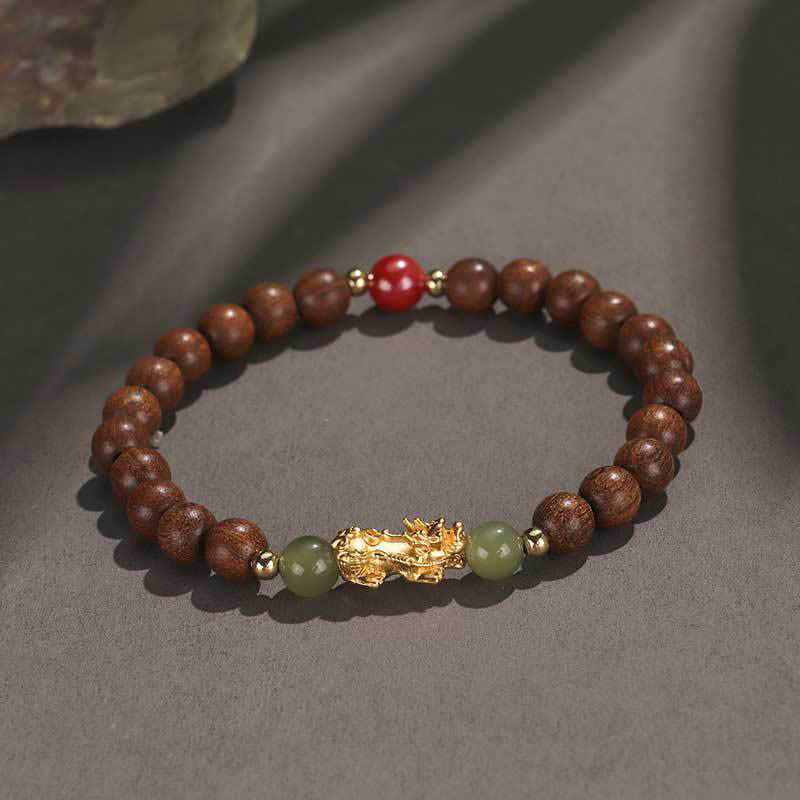 Wear FengShui 999 Sterling Silver Sandalwood Ebony Wood Small Leaf Red Sandalwood Hetian Jade Cinnabar PiXiu Wealth Bracelet