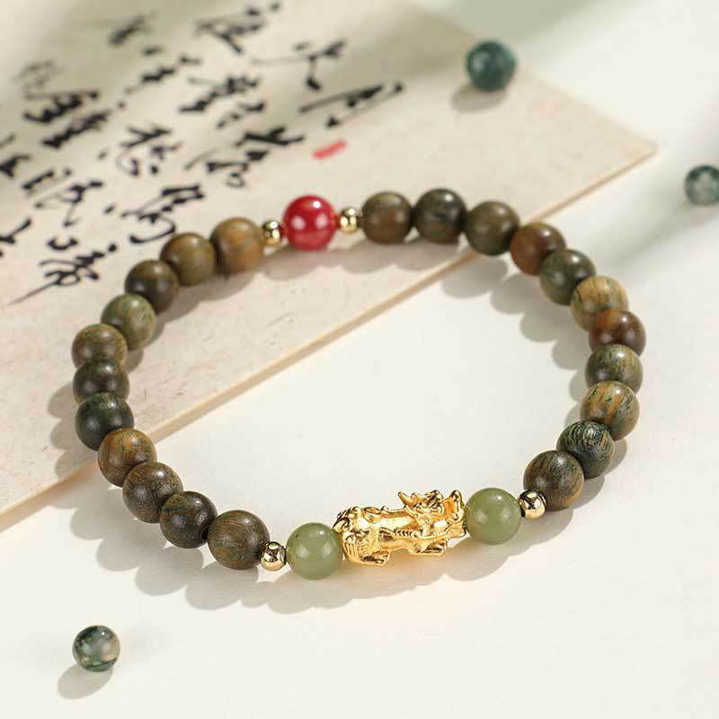 Wear FengShui 999 Sterling Silver Sandalwood Ebony Wood Small Leaf Red Sandalwood Hetian Jade Cinnabar PiXiu Wealth Bracelet