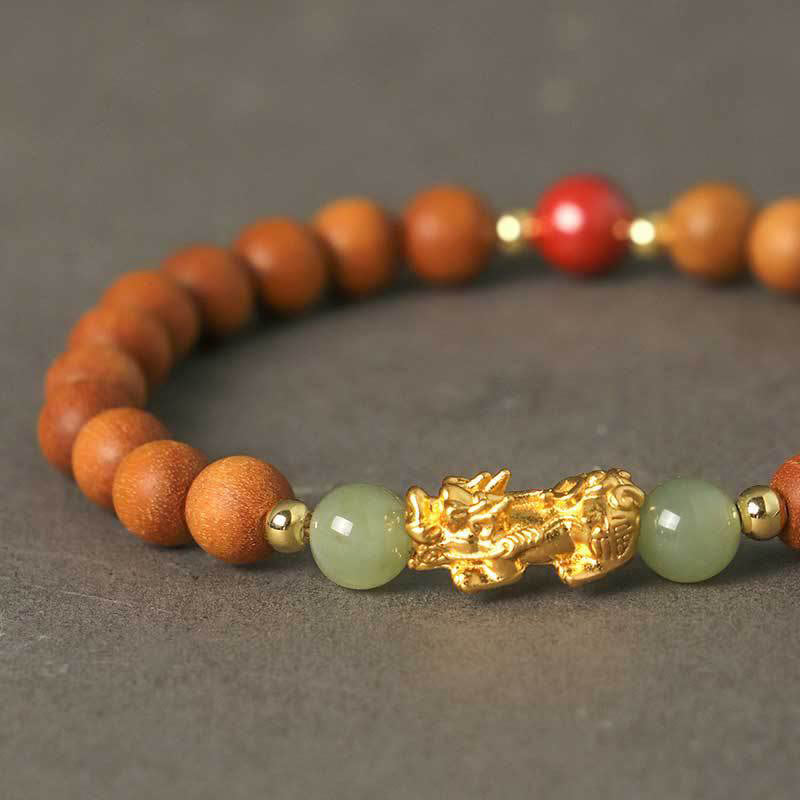 Wear FengShui 999 Sterling Silver Sandalwood Ebony Wood Small Leaf Red Sandalwood Hetian Jade Cinnabar PiXiu Wealth Bracelet