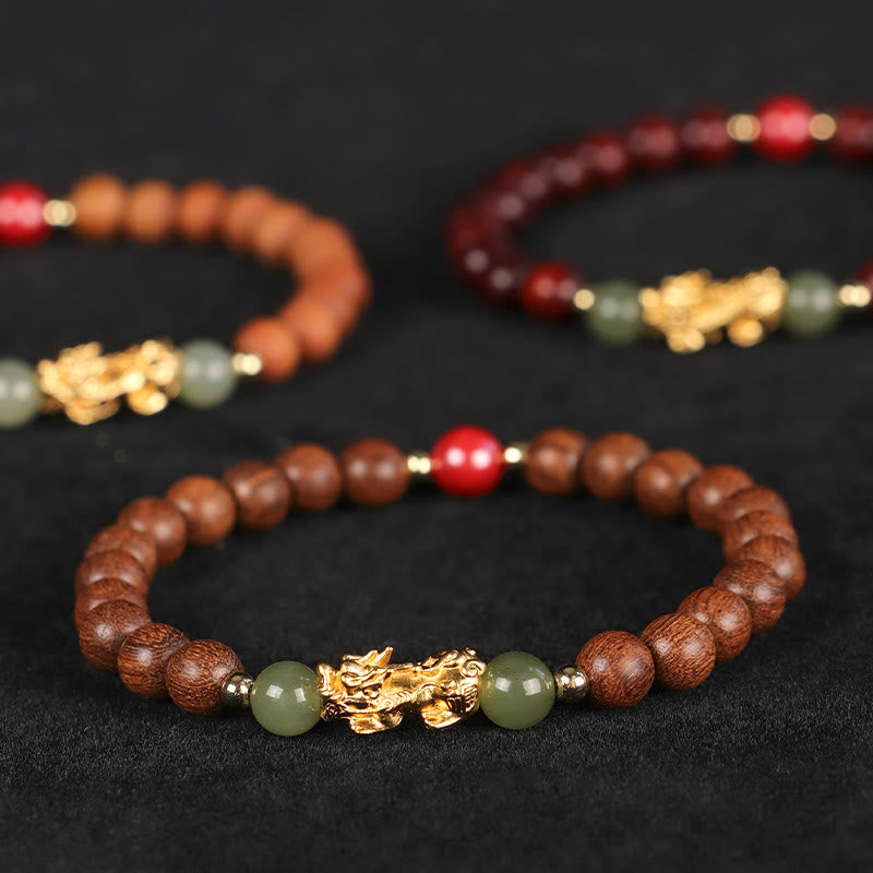 Wear FengShui 999 Sterling Silver Sandalwood Ebony Wood Small Leaf Red Sandalwood Hetian Jade Cinnabar PiXiu Wealth Bracelet