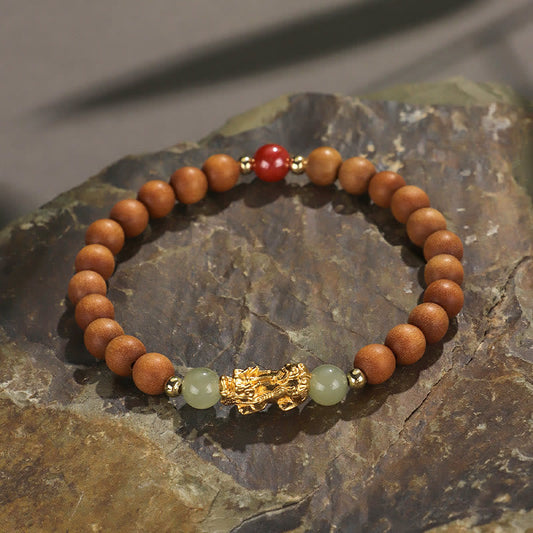 Wear FengShui 999 Sterling Silver Sandalwood Ebony Wood Small Leaf Red Sandalwood Hetian Jade Cinnabar PiXiu Wealth Bracelet