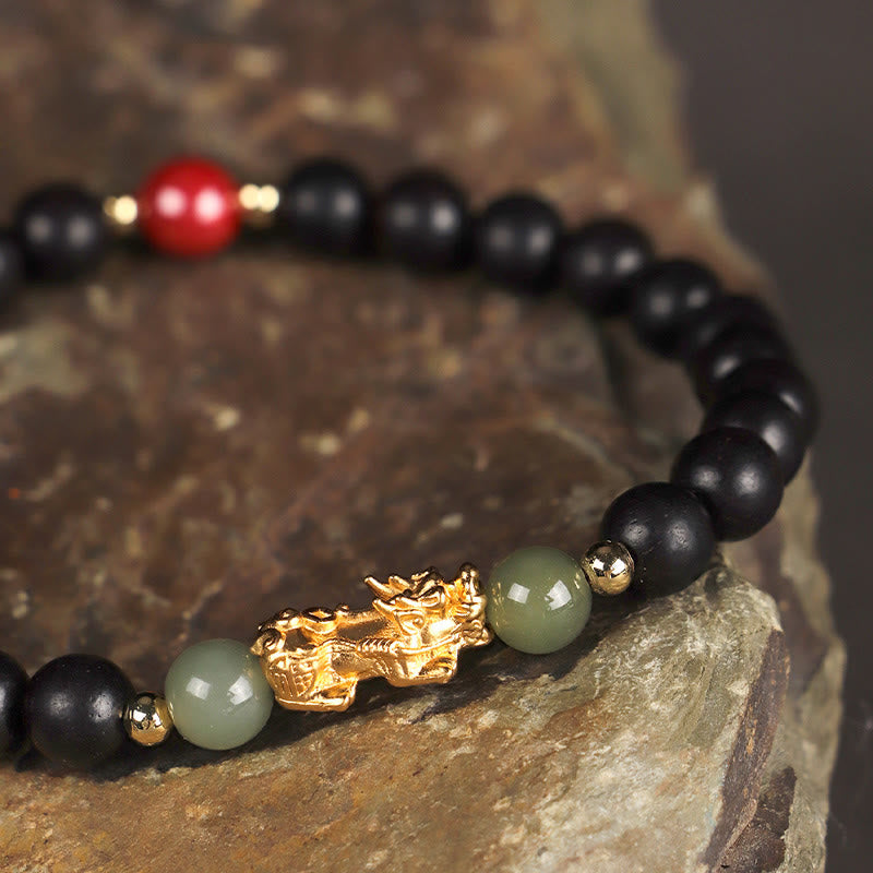 Wear FengShui 999 Sterling Silver Sandalwood Ebony Wood Small Leaf Red Sandalwood Hetian Jade Cinnabar PiXiu Wealth Bracelet