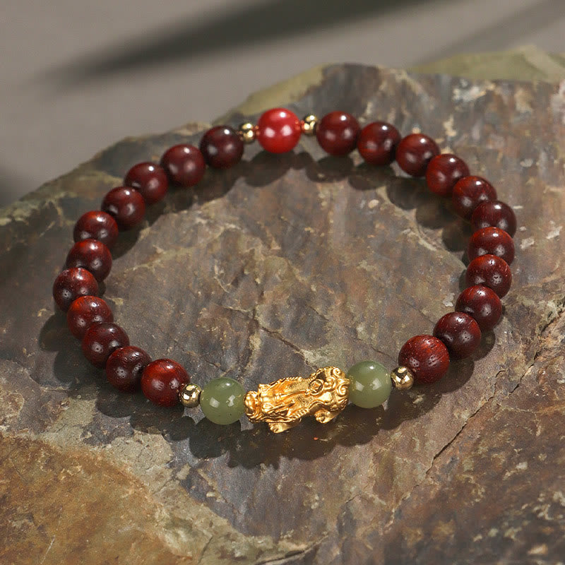 Wear FengShui 999 Sterling Silver Sandalwood Ebony Wood Small Leaf Red Sandalwood Hetian Jade Cinnabar PiXiu Wealth Bracelet
