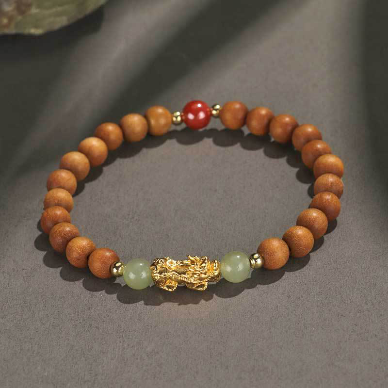 Wear FengShui 999 Sterling Silver Sandalwood Ebony Wood Small Leaf Red Sandalwood Hetian Jade Cinnabar PiXiu Wealth Bracelet