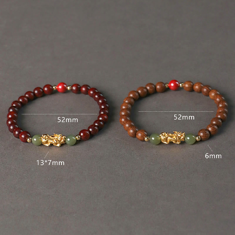 Wear FengShui 999 Sterling Silver Sandalwood Ebony Wood Small Leaf Red Sandalwood Hetian Jade Cinnabar PiXiu Wealth Bracelet