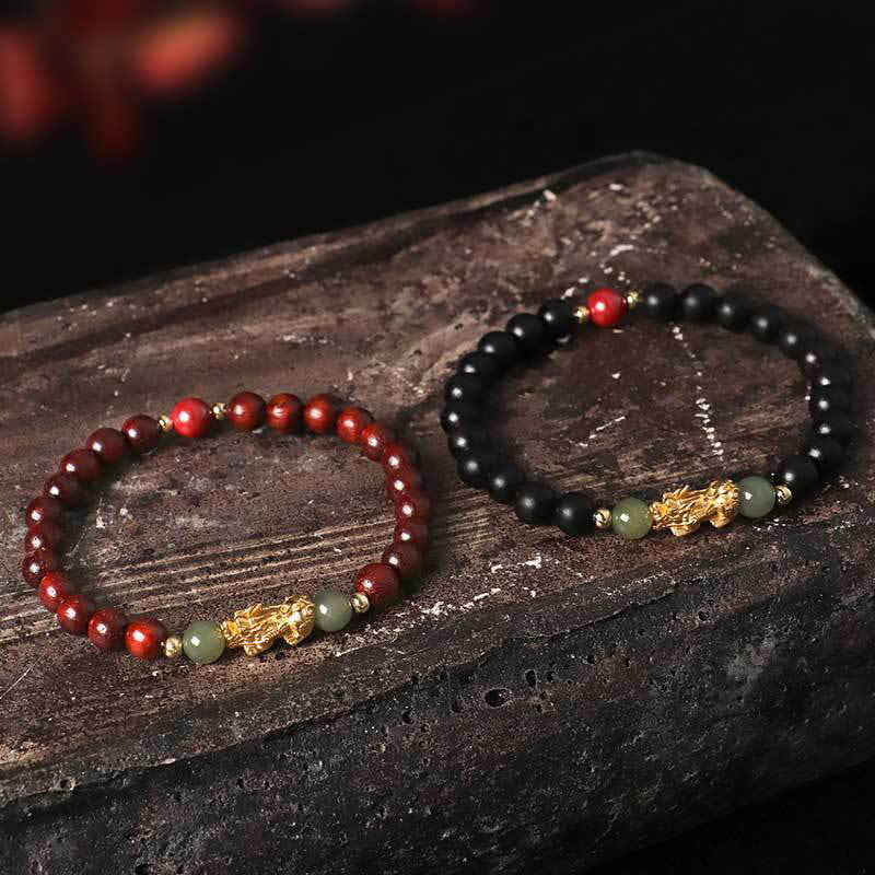 Wear FengShui 999 Sterling Silver Sandalwood Ebony Wood Small Leaf Red Sandalwood Hetian Jade Cinnabar PiXiu Wealth Bracelet