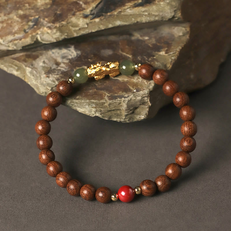 Wear FengShui 999 Sterling Silver Sandalwood Ebony Wood Small Leaf Red Sandalwood Hetian Jade Cinnabar PiXiu Wealth Bracelet