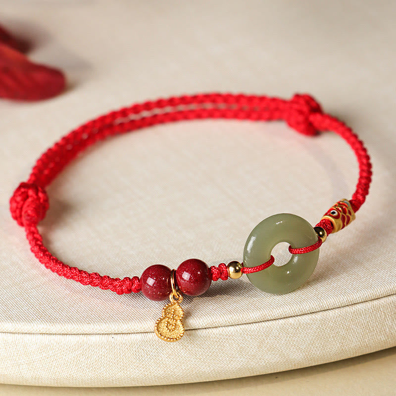Wear FengShui Red String Black String Hetian Jade Peace Buckle Cinnabar 925 Silver Protection Bracelet