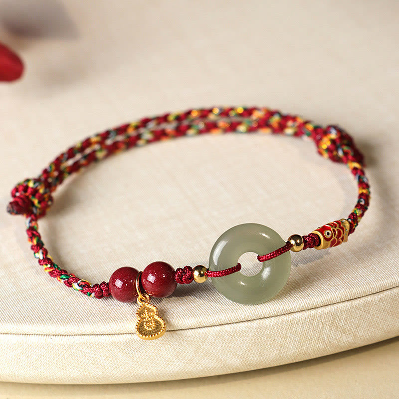 Wear FengShui Red String Black String Hetian Jade Peace Buckle Cinnabar 925 Silver Protection Bracelet