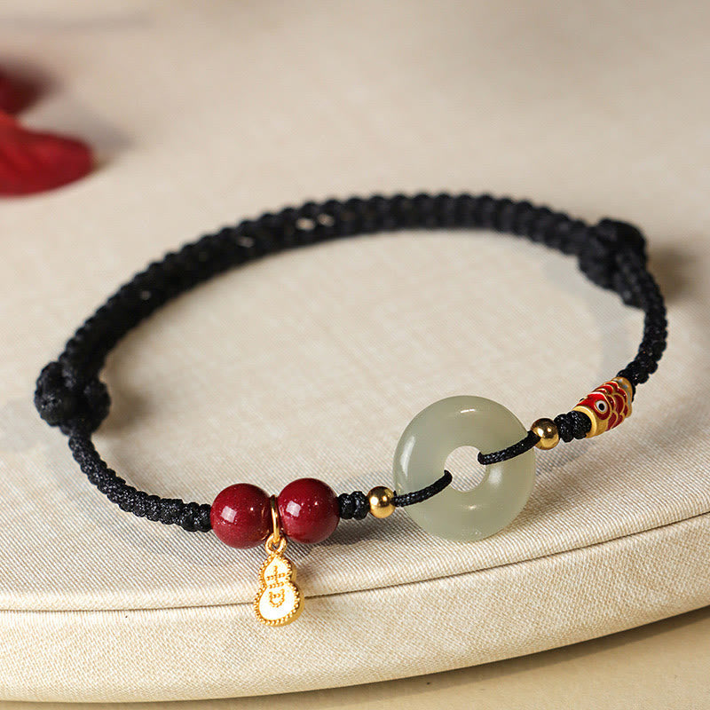 Wear FengShui Red String Black String Hetian Jade Peace Buckle Cinnabar 925 Silver Protection Bracelet
