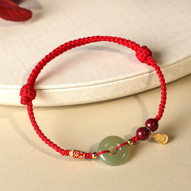 Wear FengShui Red String Black String Hetian Jade Peace Buckle Cinnabar 925 Silver Protection Bracelet
