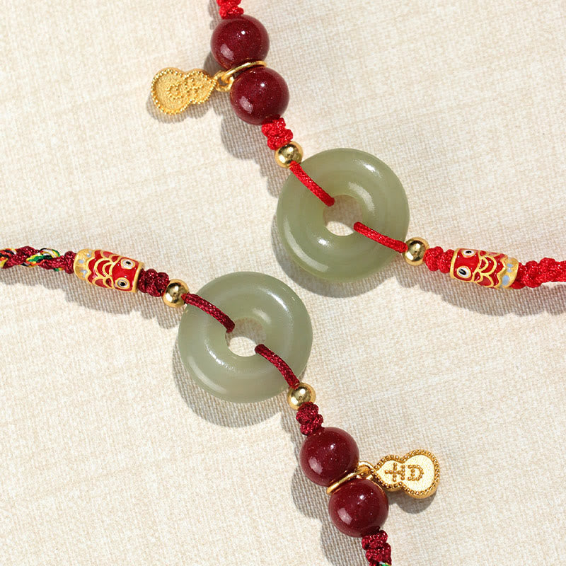 Wear FengShui Red String Black String Hetian Jade Peace Buckle Cinnabar 925 Silver Protection Bracelet