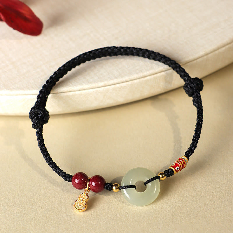 Wear FengShui Red String Black String Hetian Jade Peace Buckle Cinnabar 925 Silver Protection Bracelet