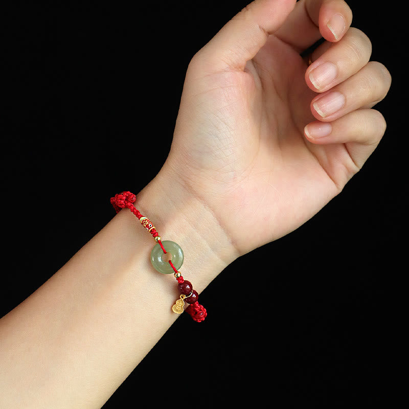 Wear FengShui Red String Black String Hetian Jade Peace Buckle Cinnabar 925 Silver Protection Bracelet