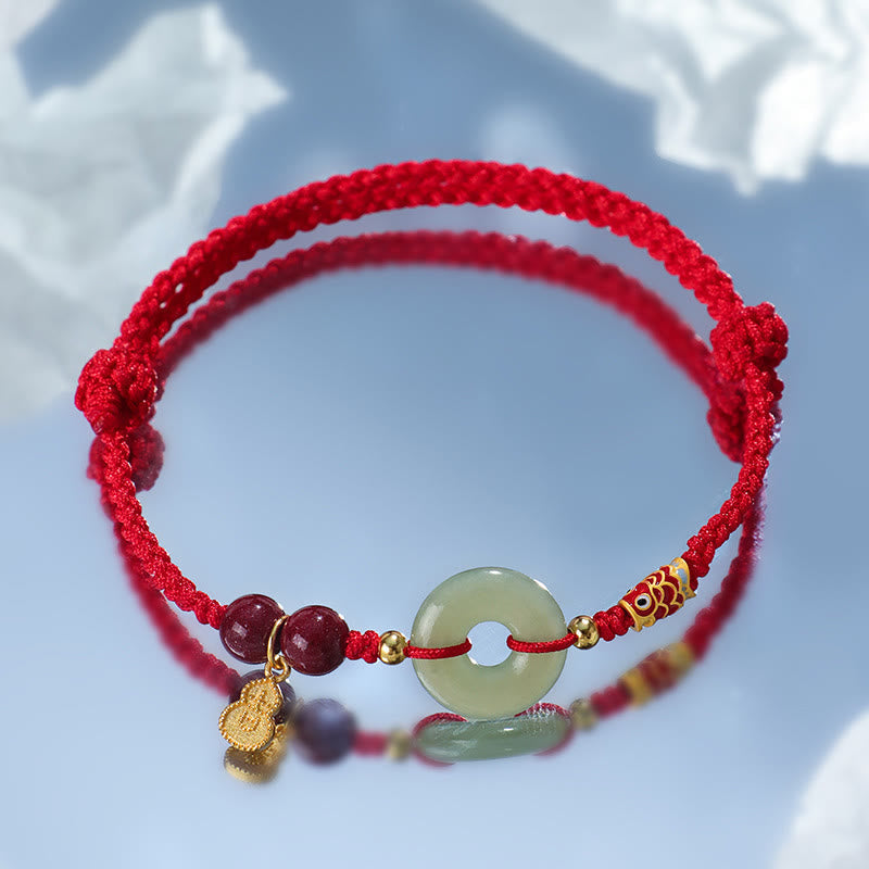 Wear FengShui Red String Black String Hetian Jade Peace Buckle Cinnabar 925 Silver Protection Bracelet