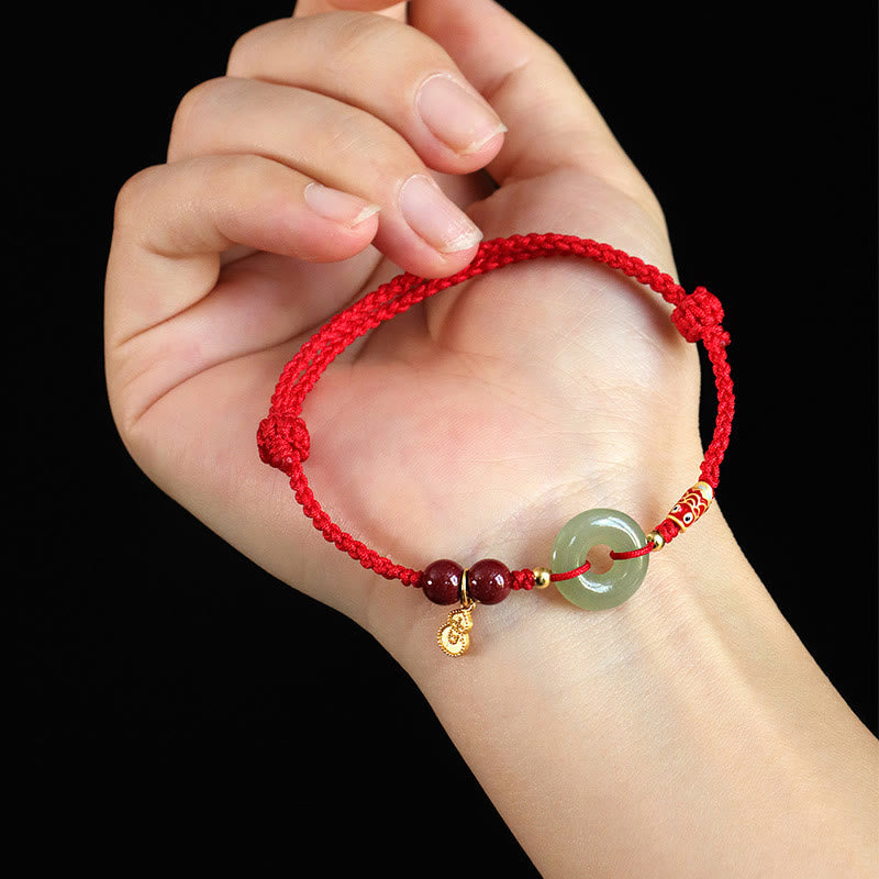 Wear FengShui Red String Black String Hetian Jade Peace Buckle Cinnabar 925 Silver Protection Bracelet