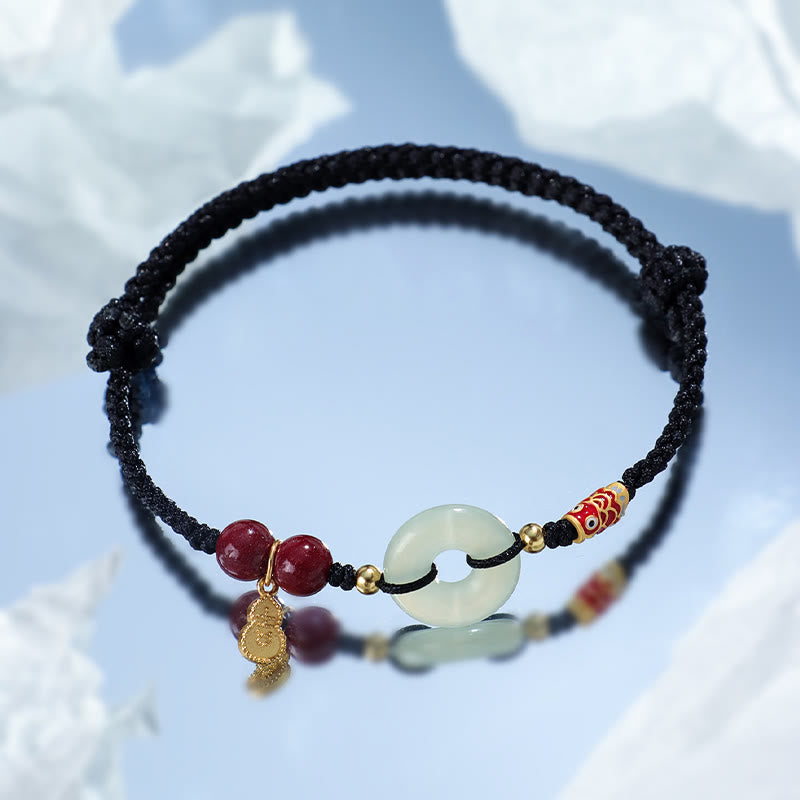 Wear FengShui Red String Black String Hetian Jade Peace Buckle Cinnabar 925 Silver Protection Bracelet
