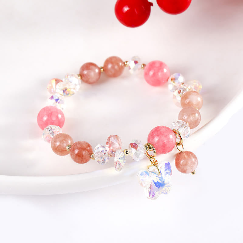 Wear FengShui Strawberry Quartz White Crystal Pink Crystal Butterfly Love Bracelet
