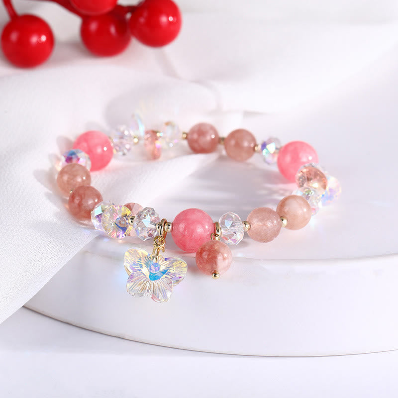Wear FengShui Strawberry Quartz White Crystal Pink Crystal Butterfly Love Bracelet