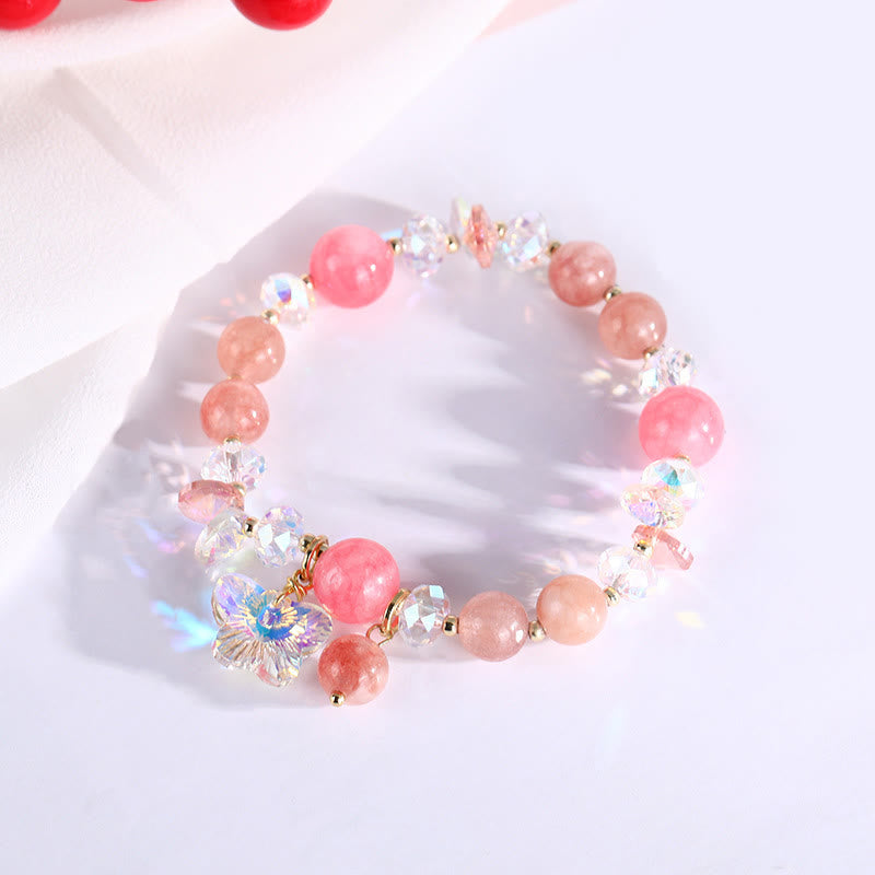 Wear FengShui Strawberry Quartz White Crystal Pink Crystal Butterfly Love Bracelet