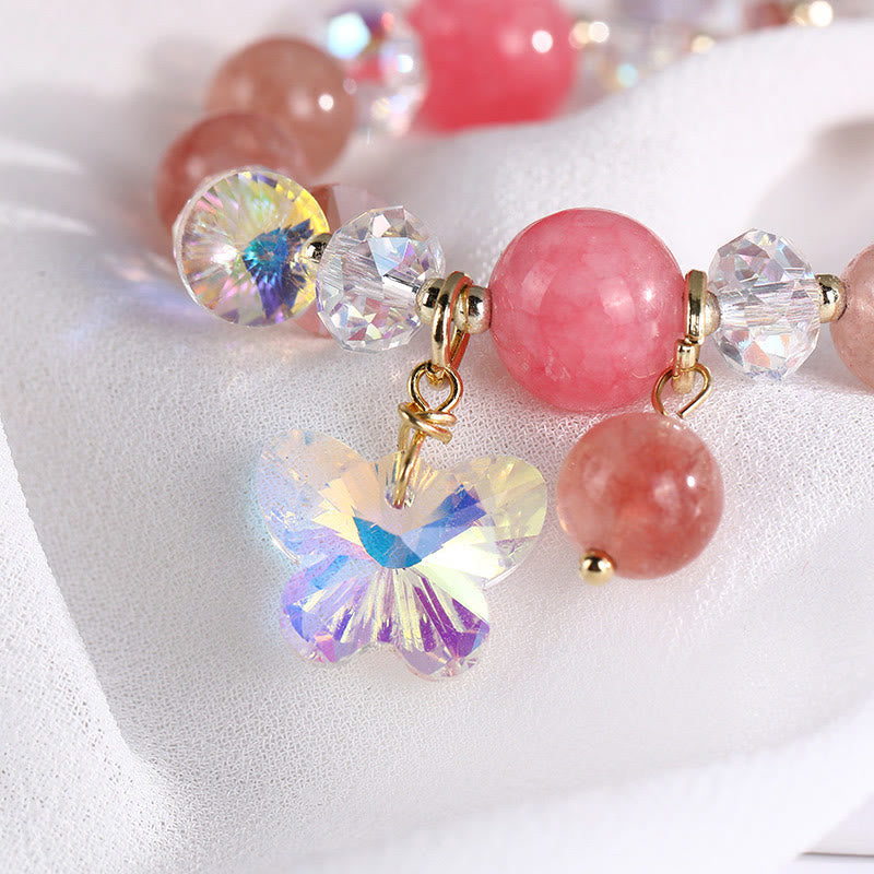 Wear FengShui Strawberry Quartz White Crystal Pink Crystal Butterfly Love Bracelet