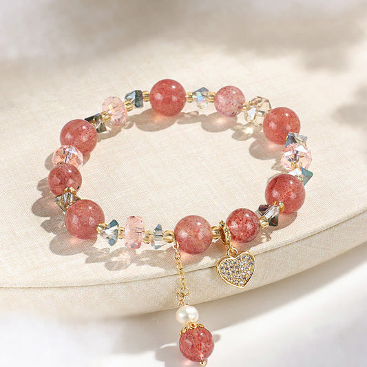 Wear FengShui Strawberry Quartz White Crystal Pearl Liuli Heart Healing Bracelet
