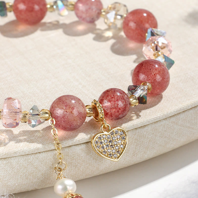 Wear FengShui Strawberry Quartz White Crystal Pearl Liuli Heart Healing Bracelet
