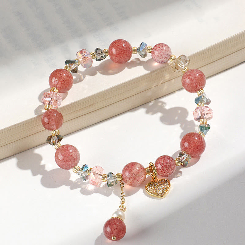 Wear FengShui Strawberry Quartz White Crystal Pearl Liuli Heart Healing Bracelet