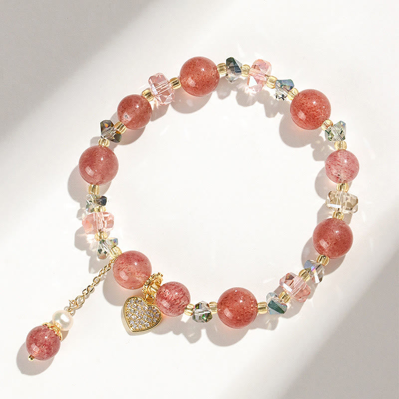 Wear FengShui Strawberry Quartz White Crystal Pearl Liuli Heart Healing Bracelet