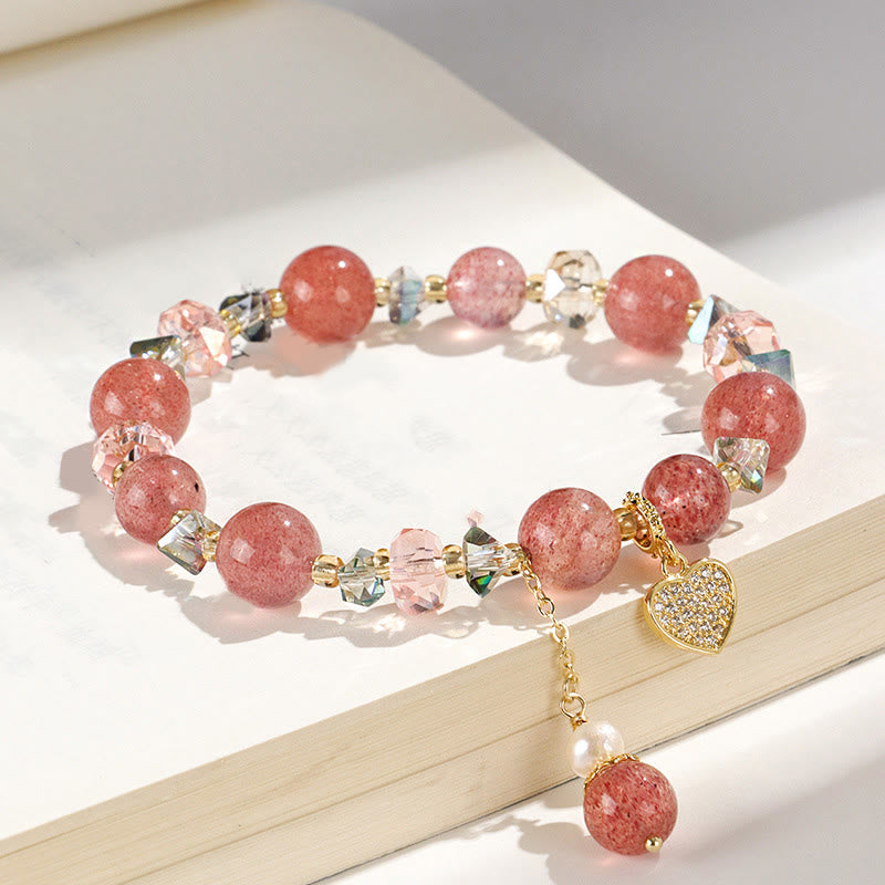 Wear FengShui Strawberry Quartz White Crystal Pearl Liuli Heart Healing Bracelet
