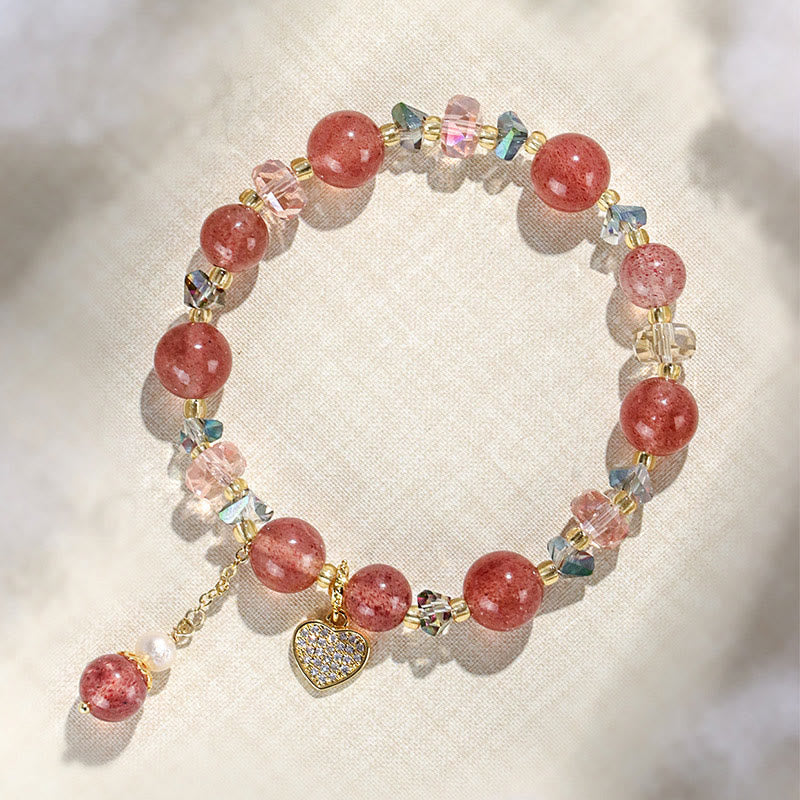 Wear FengShui Strawberry Quartz White Crystal Pearl Liuli Heart Healing Bracelet