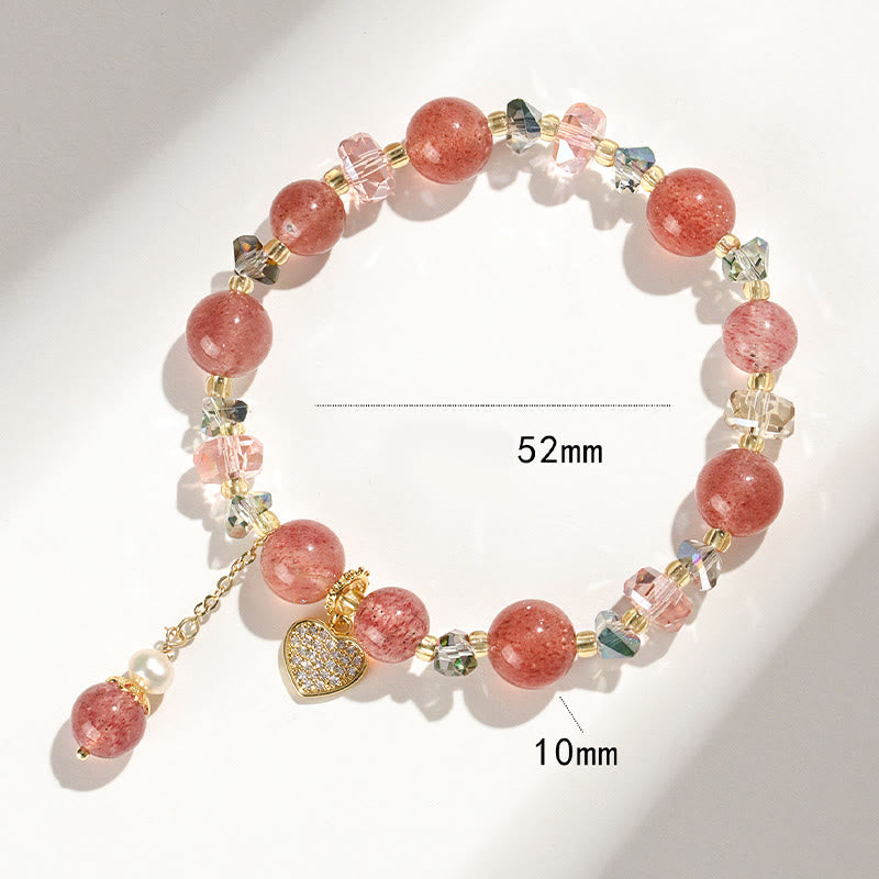 Wear FengShui Strawberry Quartz White Crystal Pearl Liuli Heart Healing Bracelet