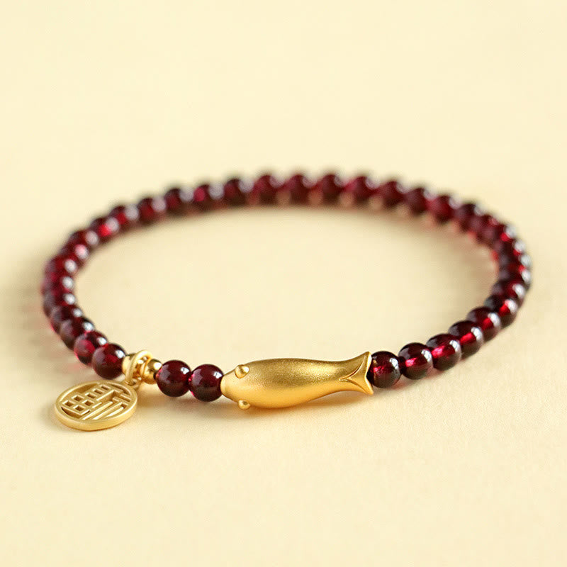 Wear FengShui Garnet 925 Sterling Silver Fish Fu Character Purification Bracelet