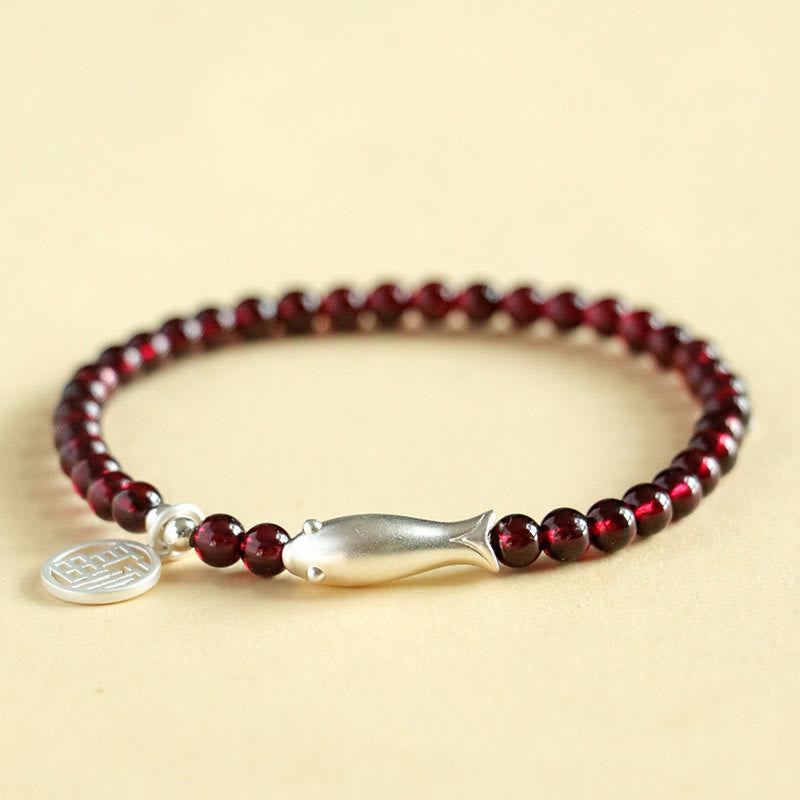 Wear FengShui Garnet 925 Sterling Silver Fish Fu Character Purification Bracelet